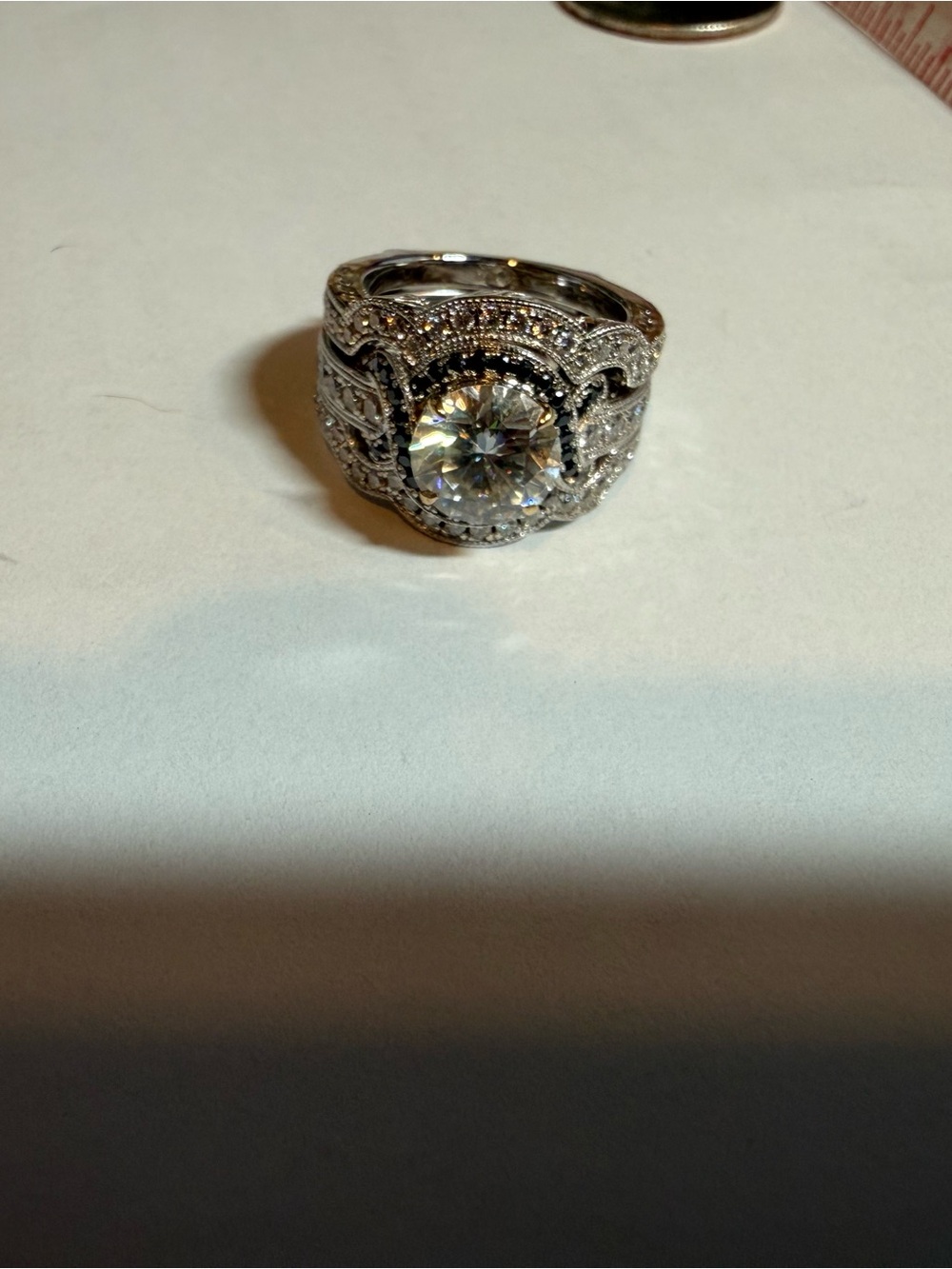 Vintage-Inspired Silver Halo Diamond Engagement Ring - Cream Accent - Picture 2 of 5